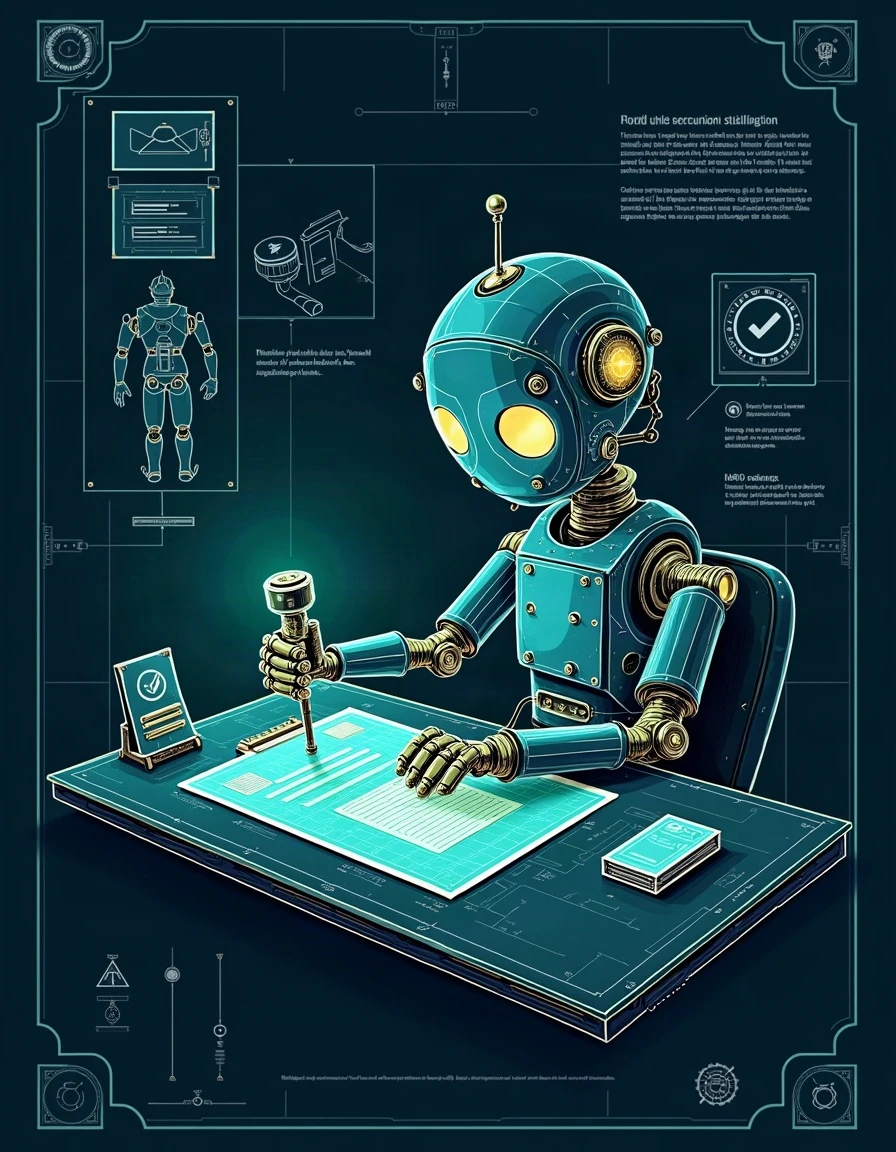 Blueprint-style schematic of a friendly mechanical automaton at a workbench, stamping a completed document with a verification seal