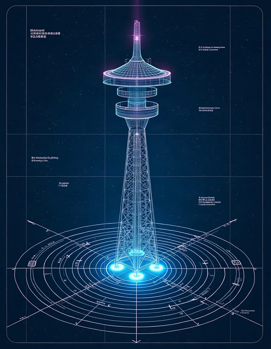 Blueprint-style radar beacon schematic sweeping a field of small business icons, one highlighted in the beam