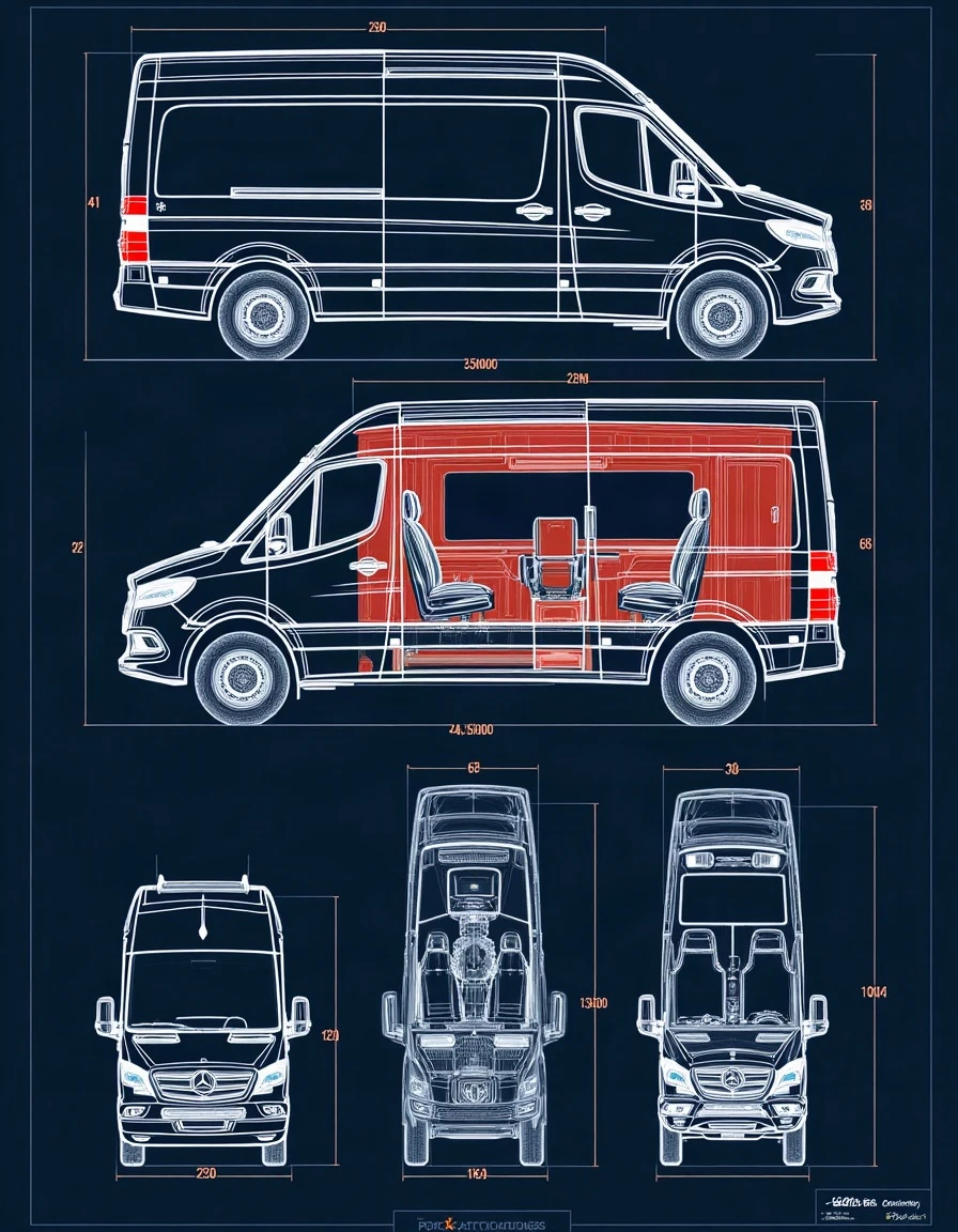 Blueprint-style multi-panel schematic of a luxury Mercedes Sprinter van conversion with side elevations, a red-highlighted interior cutaway showing captain's chairs, front views, and dimension lines, drawn in glowing red and cyan linework on dark navy