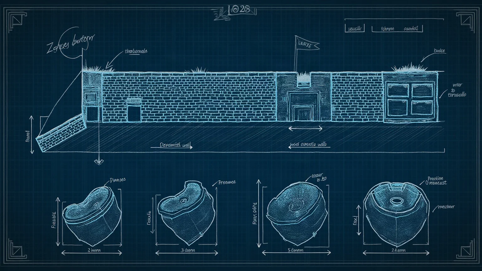 Blueprint-style technical drawing of a decommissioned fortress wall labeled CSF with arrows comparing candidate replacement fortifications