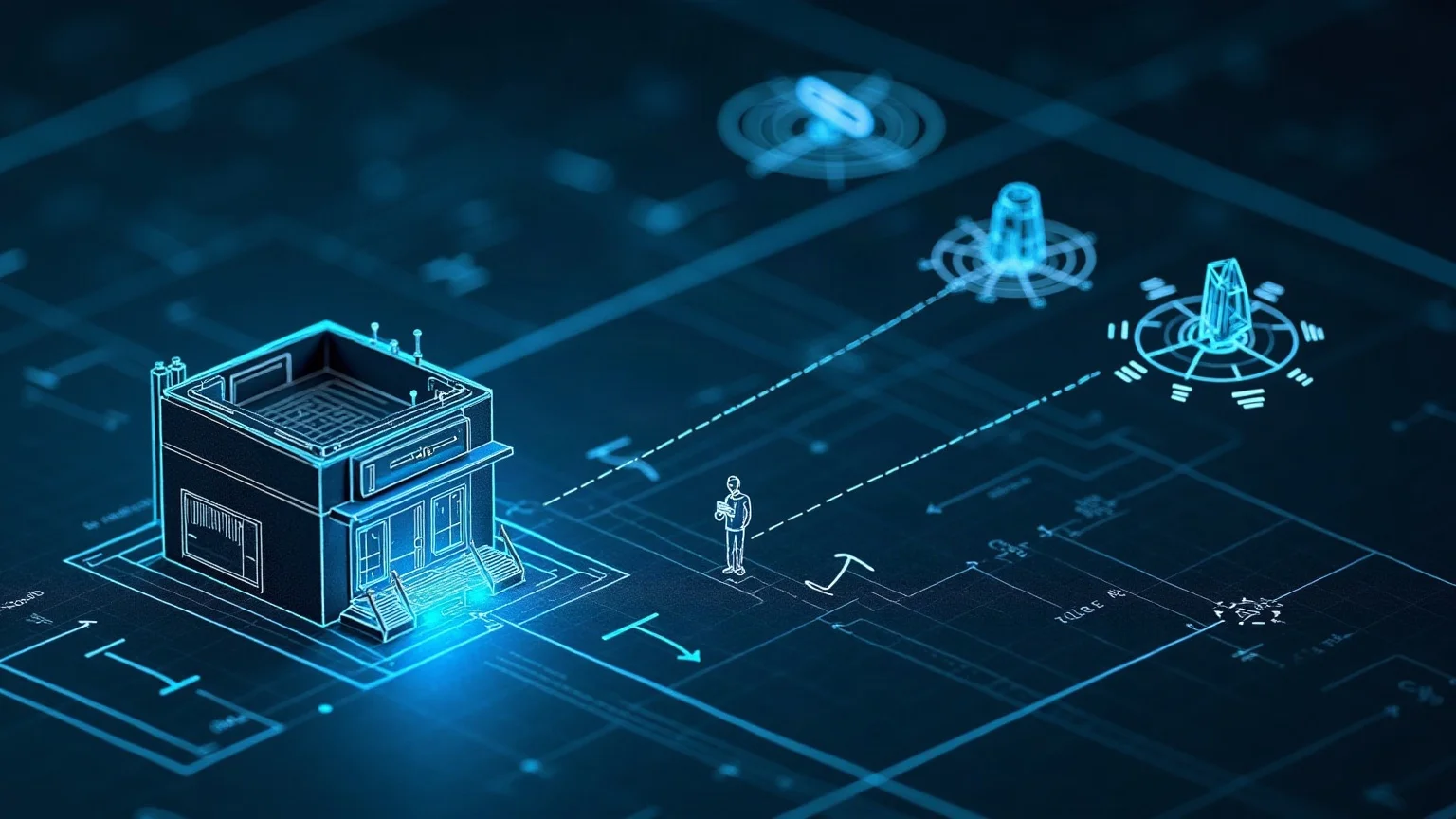 Blueprint-style technical drawing of a storefront broadcasting structured signals to satellites labeled as AI assistants, which relay a recommendation to a customer