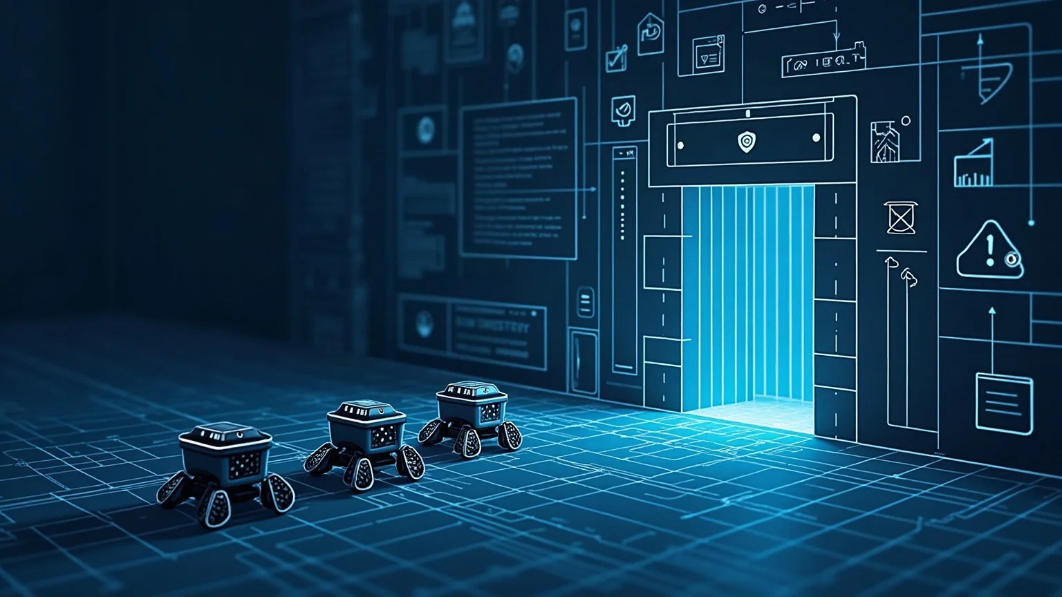 Blueprint-style technical drawing of robot crawlers stopped at a firewall gate in front of a website, with an inspection checklist alongside