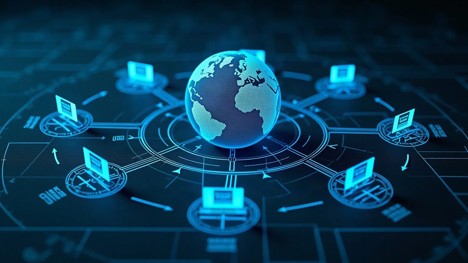 Blueprint-style technical drawing of a globe ringed by edge server nodes, each serving copies of a website to nearby visitors