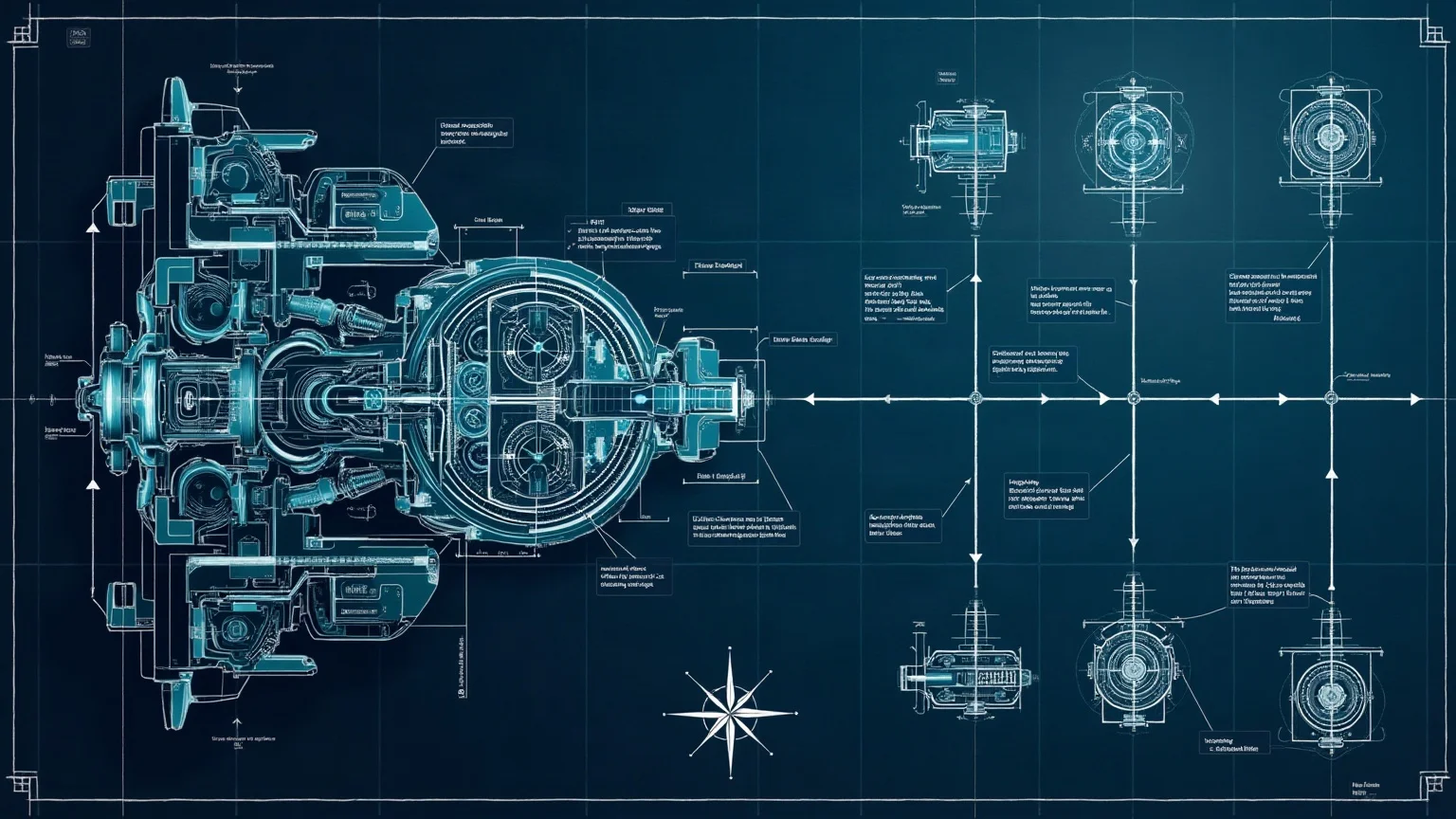 Blueprint-style technical drawing of several diverging architectural paths leading away from a monolithic CMS structure