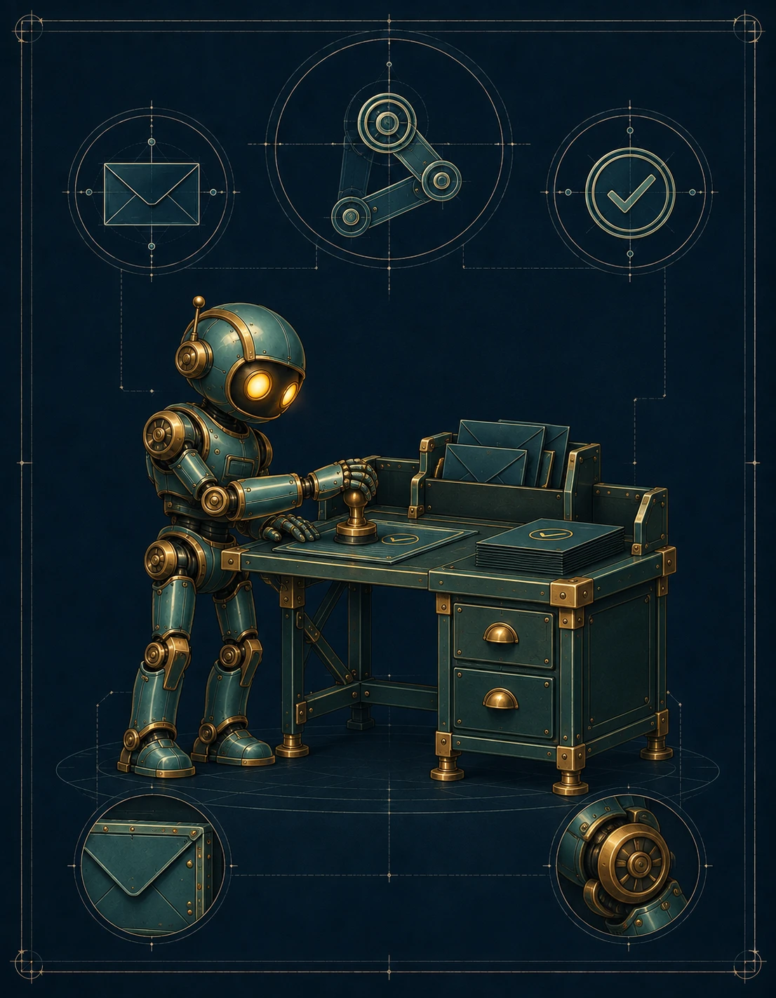 Friendly mechanical assistant verifying a document at a drafting desk