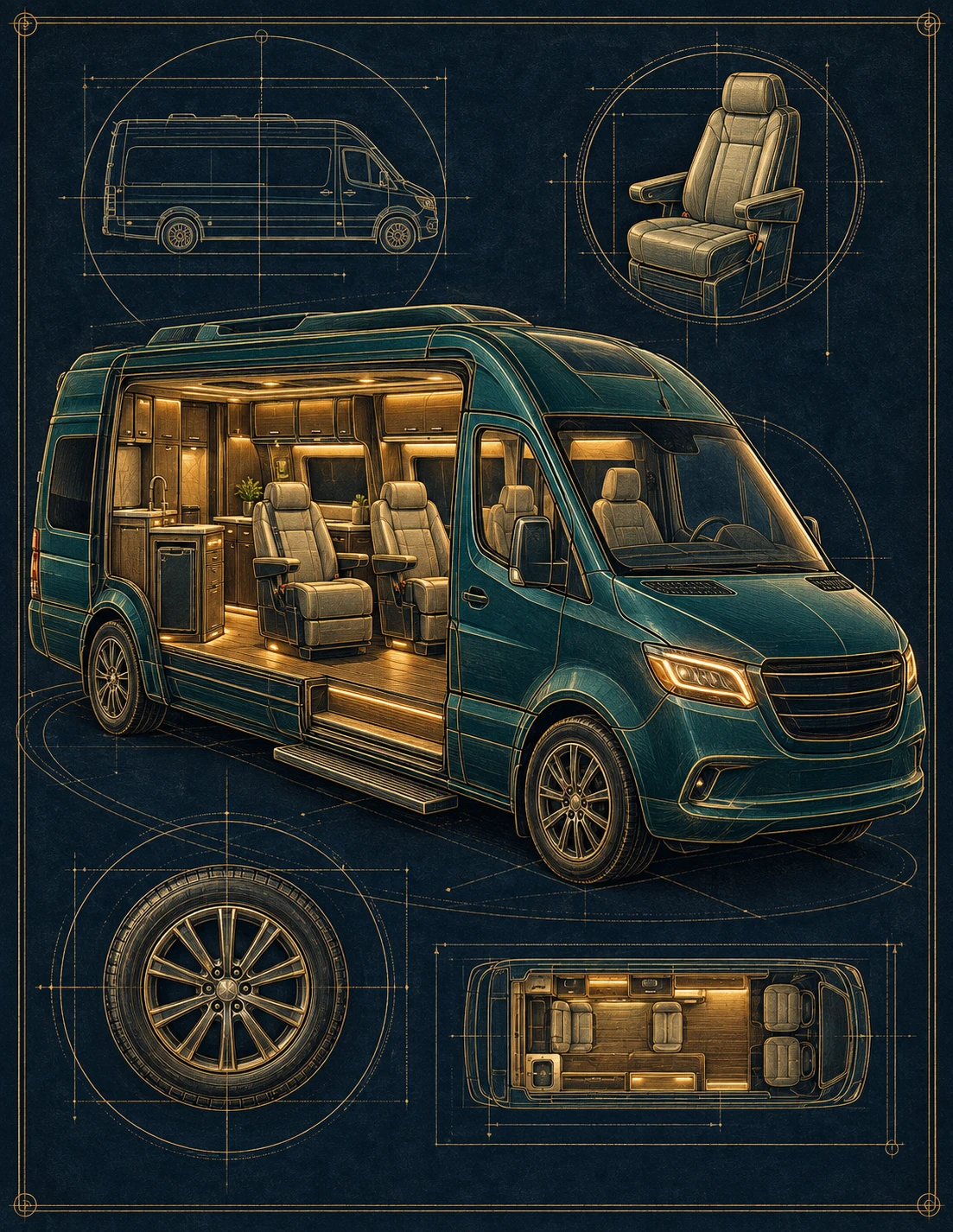 Premium passenger van cutaway with seating and engineering details in teal and brass