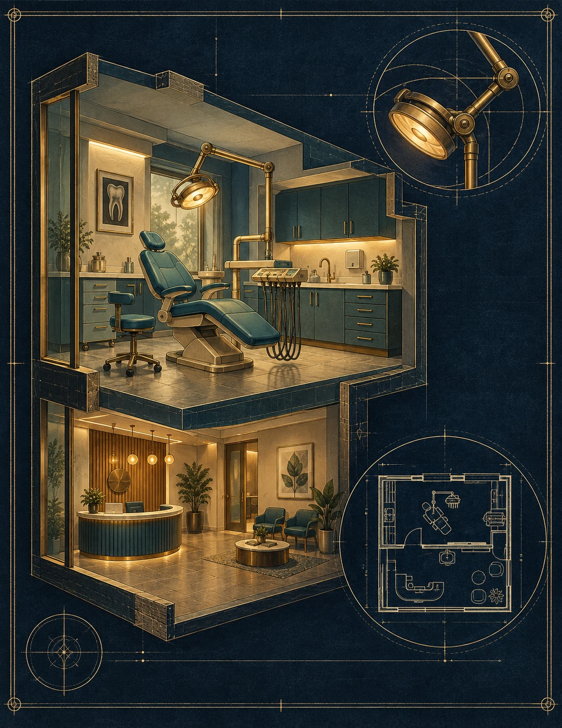 Dental clinic cutaway with examination chair and welcoming reception in blueprint artwork