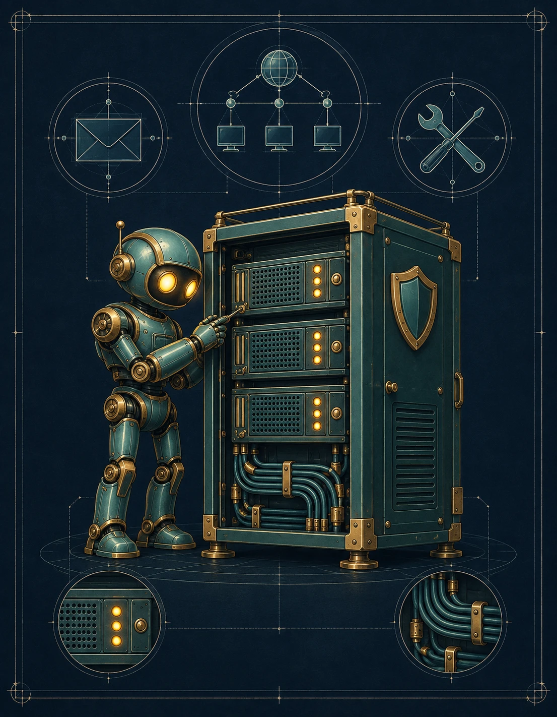 Mechanical caretaker maintaining a teal and brass server cabinet