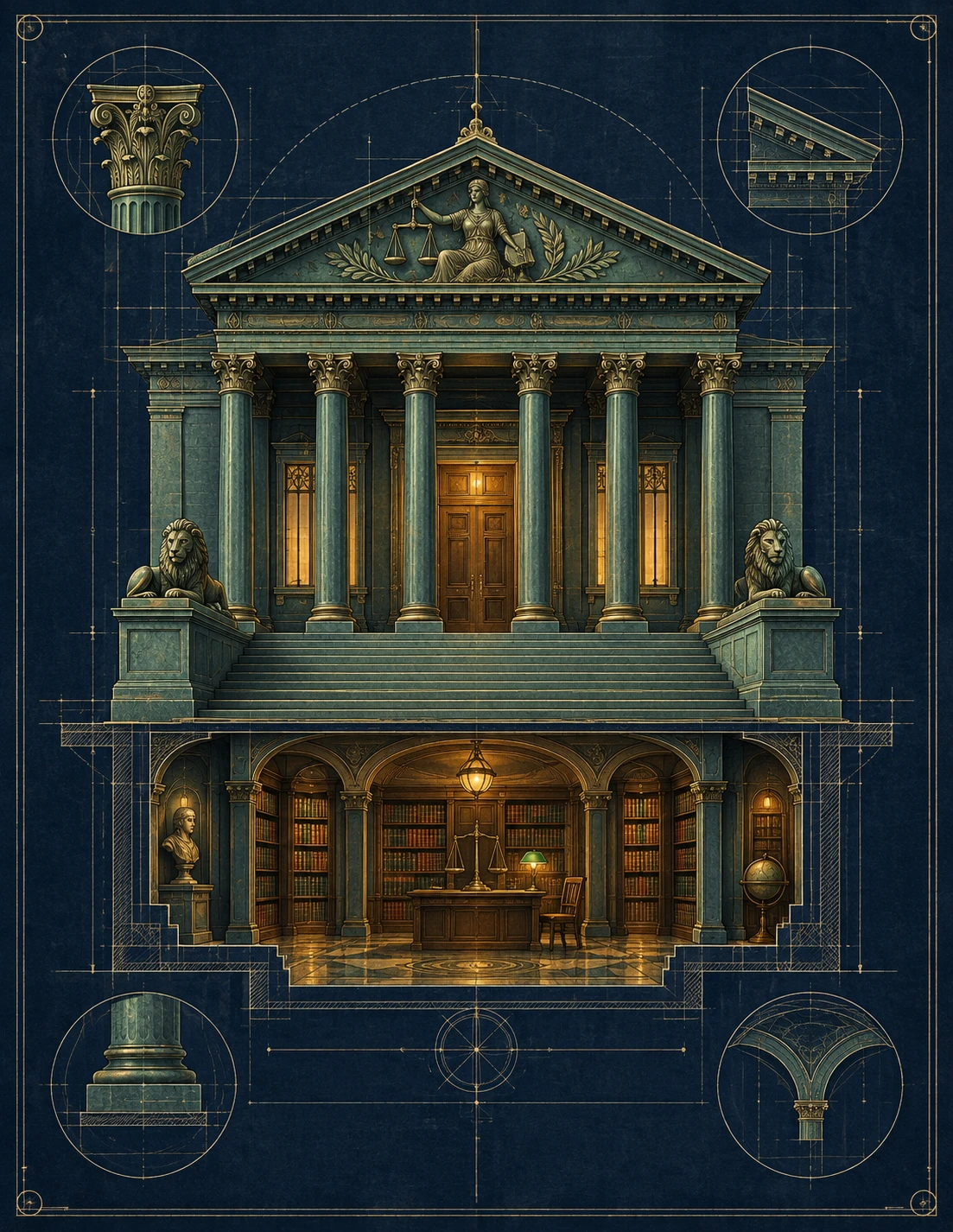 Classical courthouse and law library rendered as a teal and brass architectural blueprint