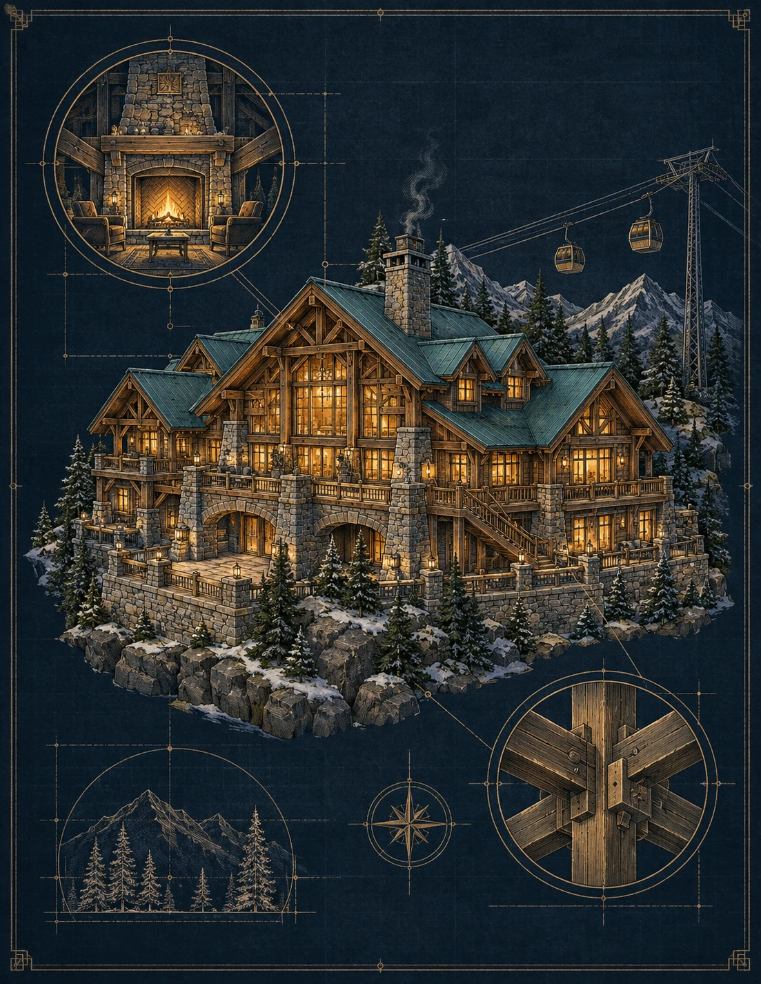 Alpine lodge model with warm windows, pine trees and a gondola in blueprint artwork