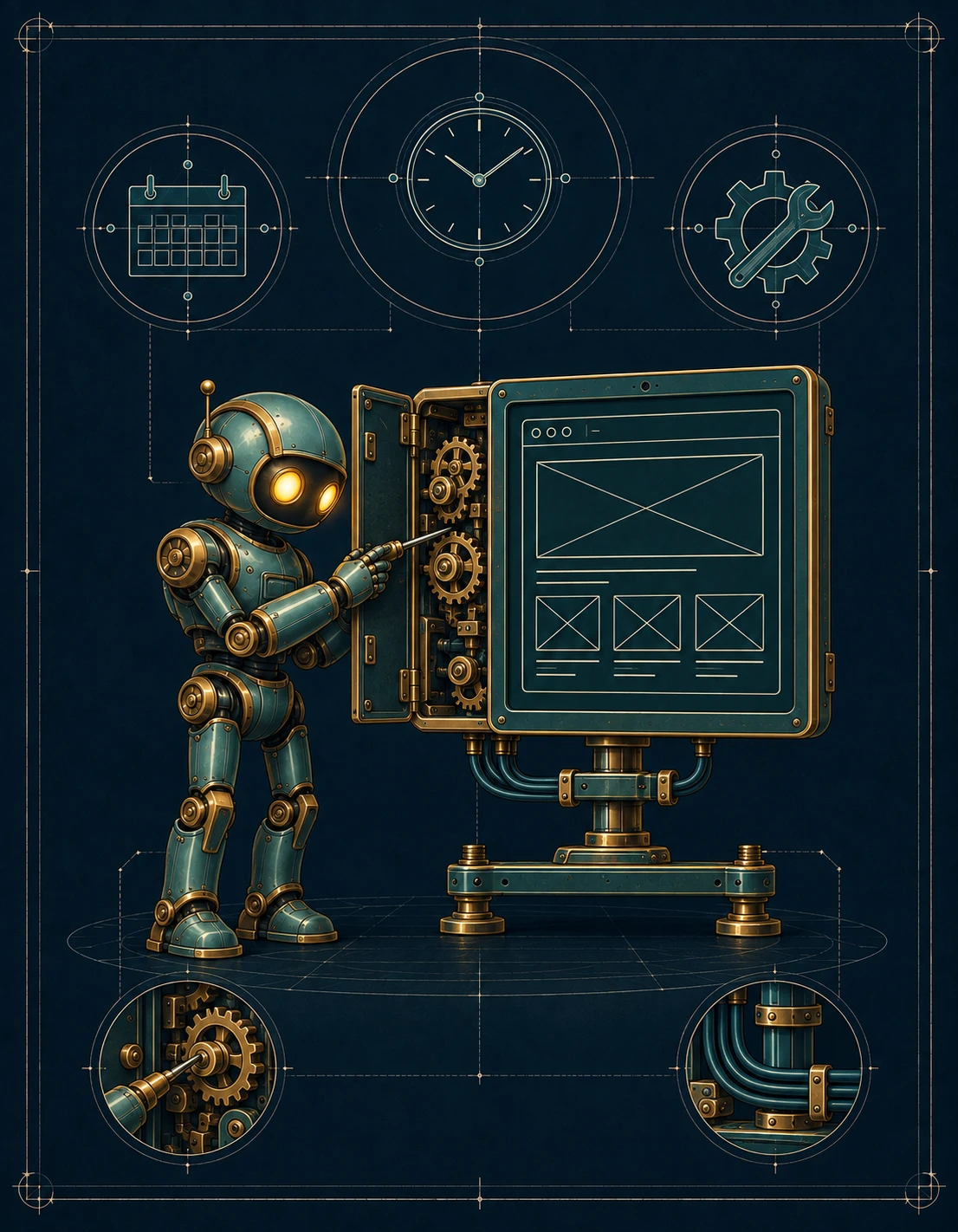 Mechanical caretaker maintaining the gears behind a website display