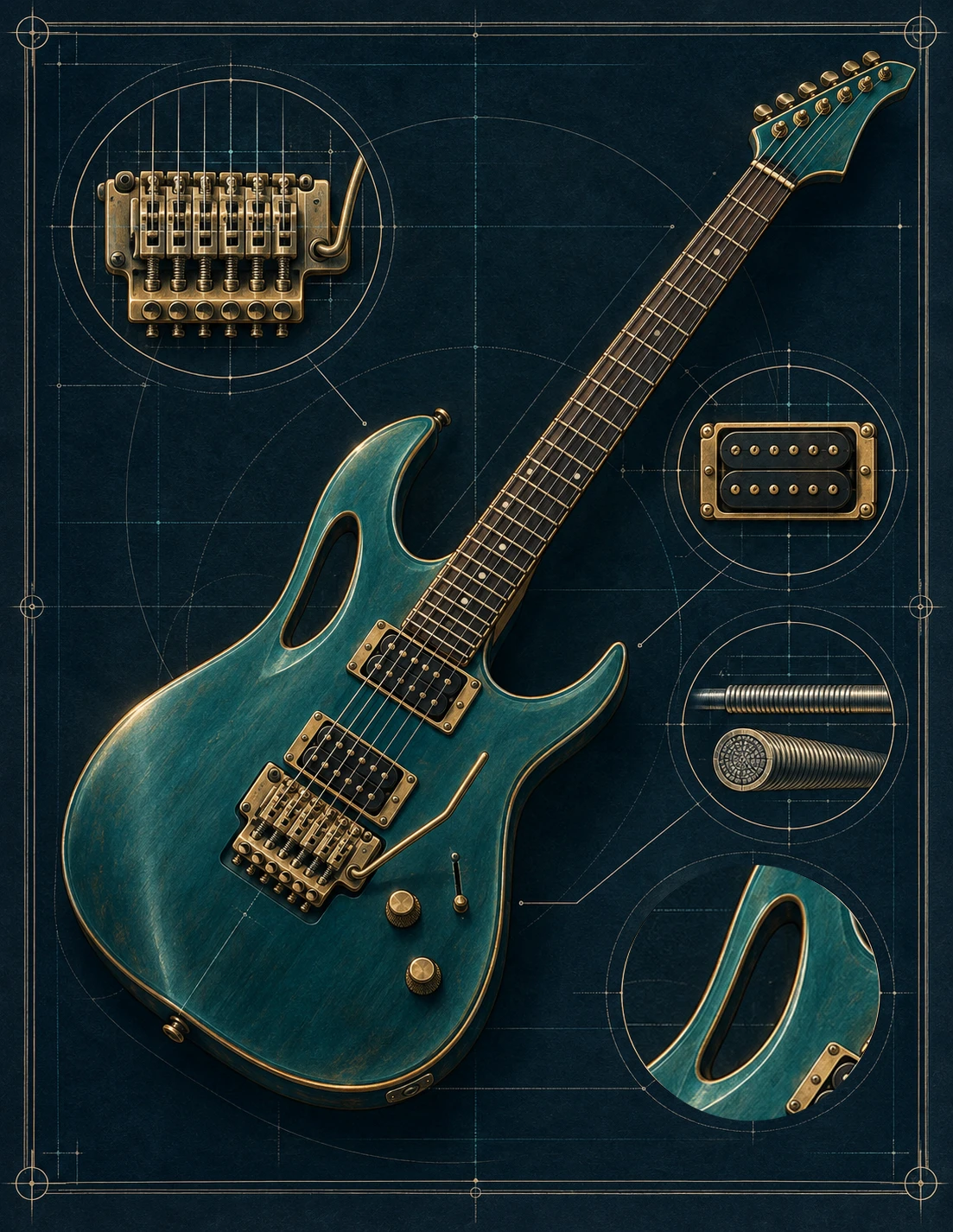 Teal electric guitar with brass hardware and detailed engineering insets on a navy blueprint