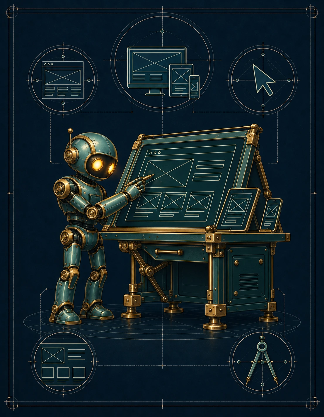 Mechanical designer arranging a website layout across desktop, tablet and phone in teal and brass blueprint artwork