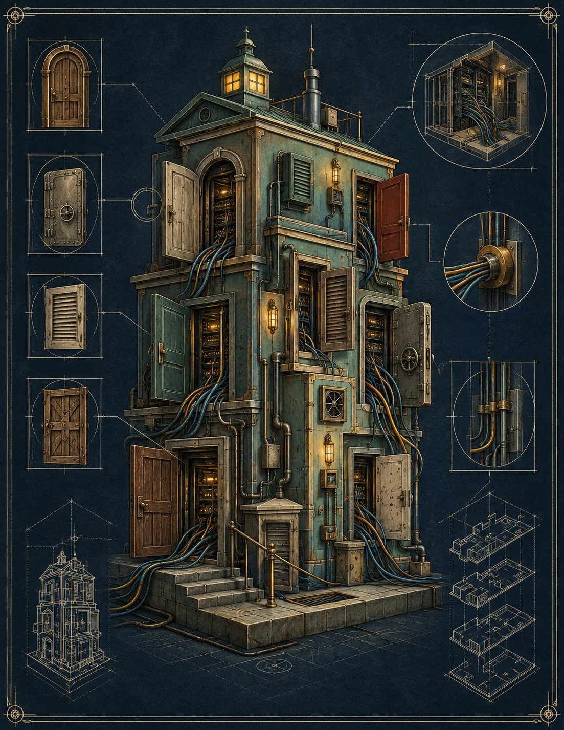 Teal architectural model with many doors and exposed cables, illustrating software complexity