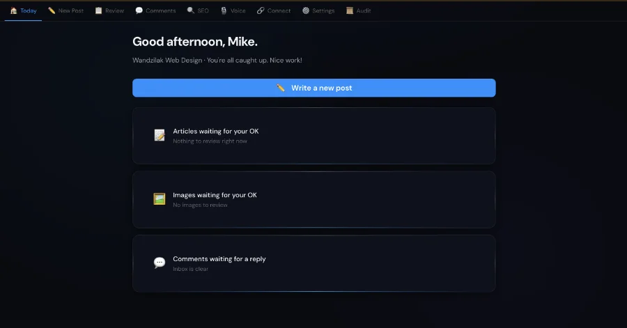Corin app — approval queue with AI-drafted social posts awaiting review
