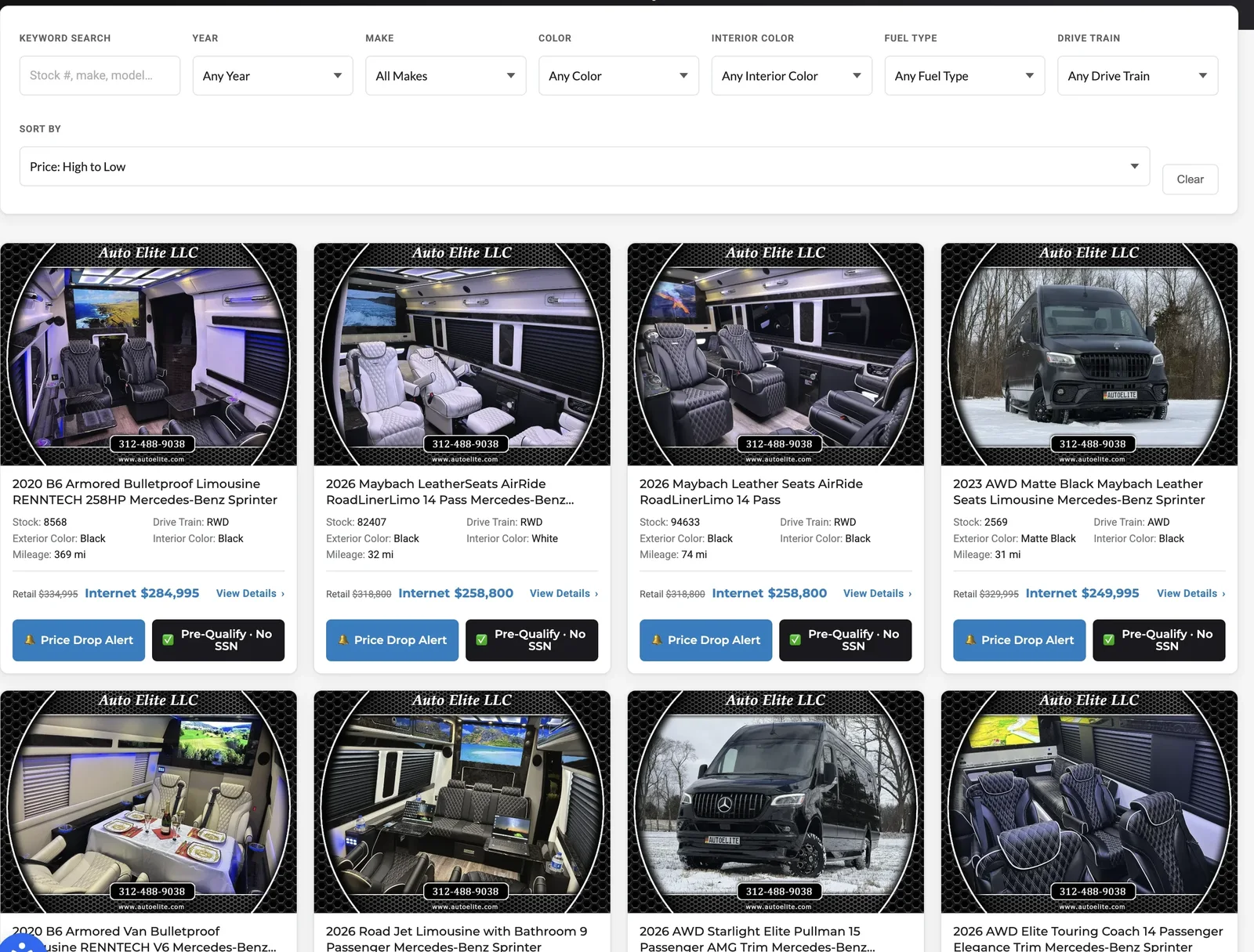 Auto Elite live inventory page rendered from the custom IMS