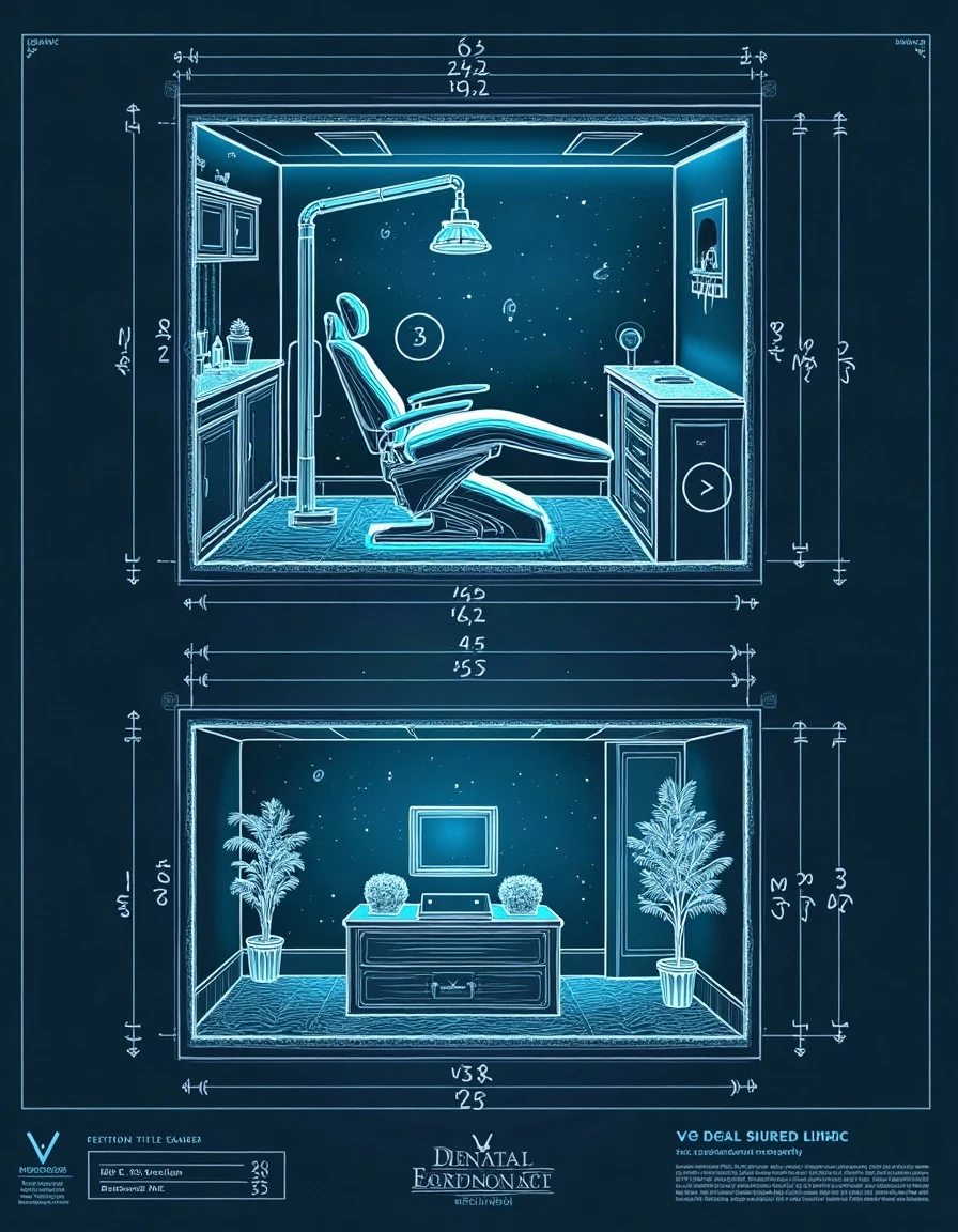 Blueprint-style schematic of a modern dental and medical clinic — an examination-room cutaway with a dental chair drawn in engineering detail above a welcoming reception elevation