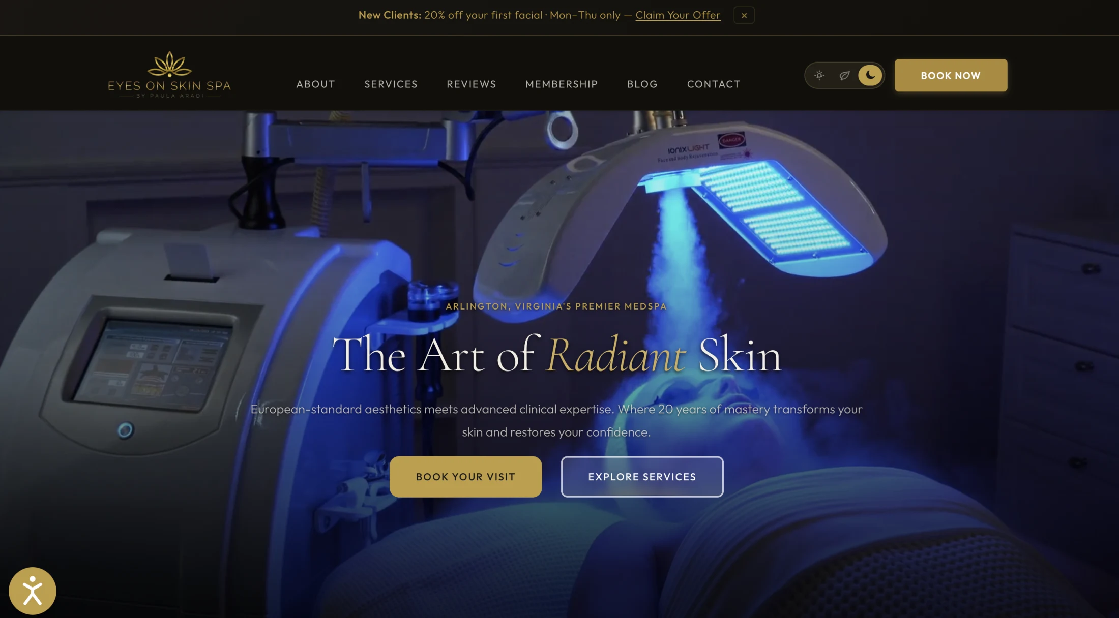 Eyes on Skin Spa homepage: gold typography over a cinematic blue-lit facial treatment