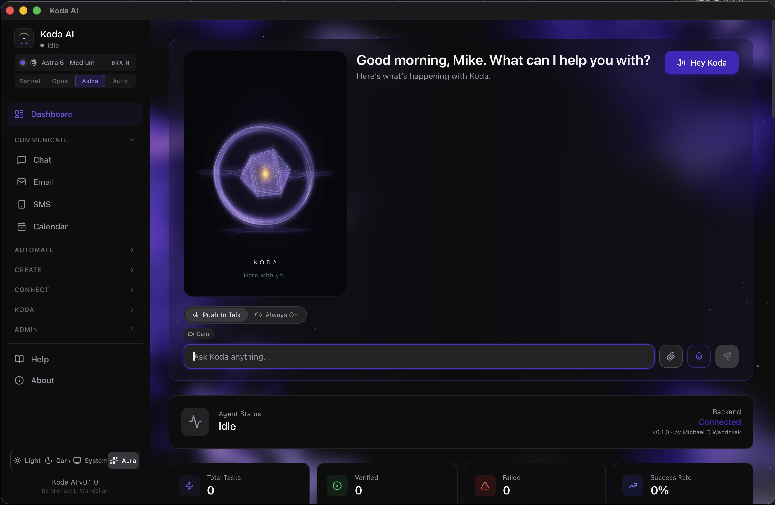 Koda AI desktop dashboard with a glowing purple geometric avatar