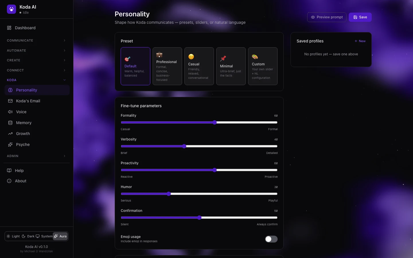 Koda AI personality page — presets and fine-tune sliders
