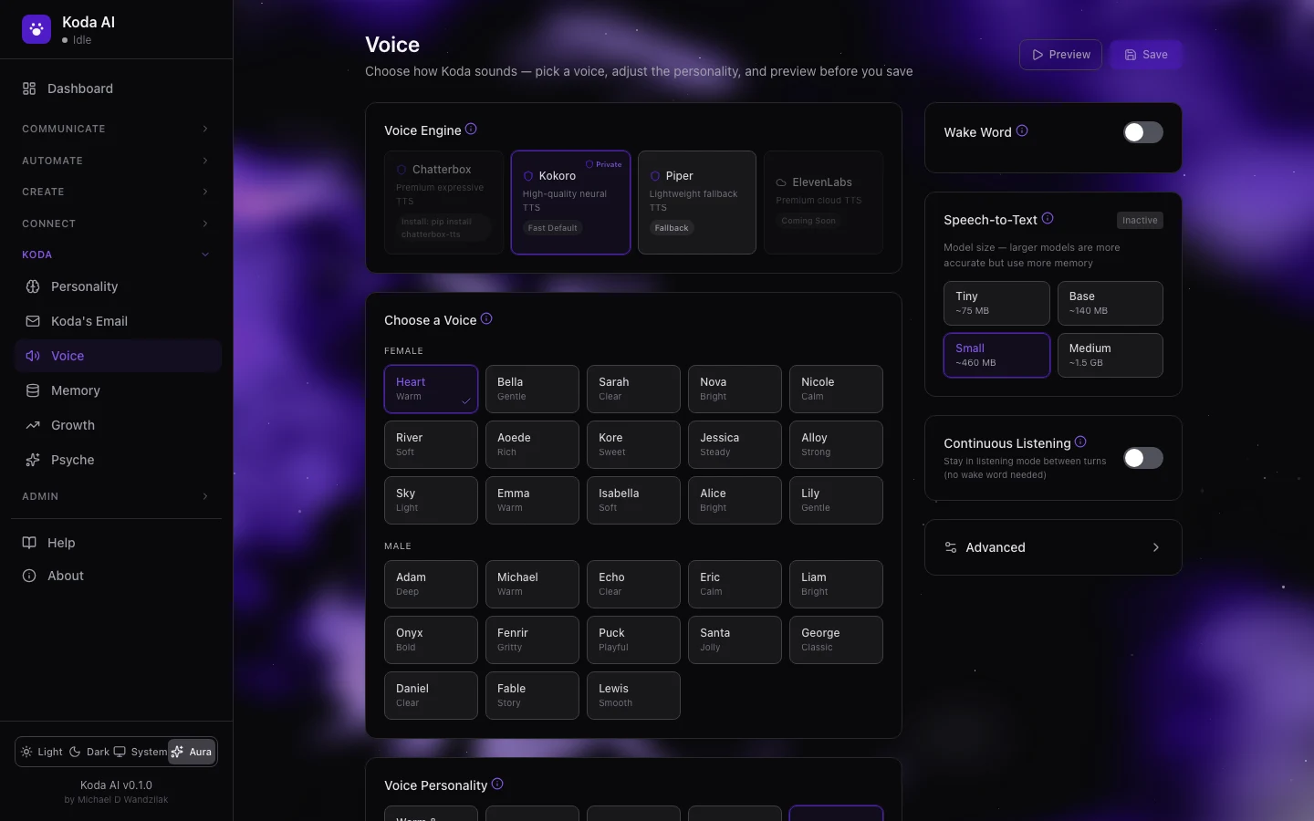 Koda AI voice page — voice engines, voice picker, wake word and speech-to-text settings