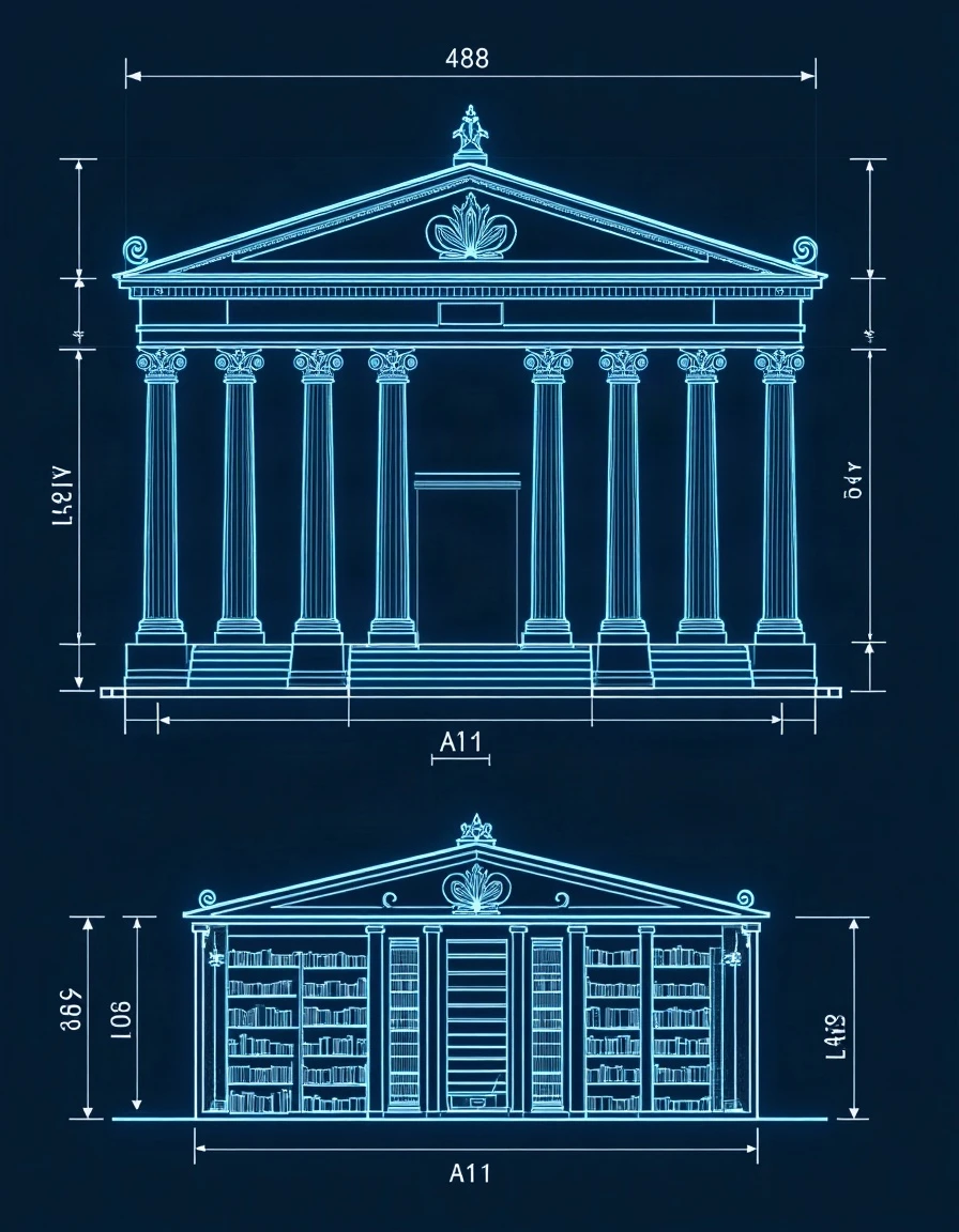 Blueprint-style engineering elevation of a classical courthouse facade with columns and pediment, with a law library interior detail drawn below