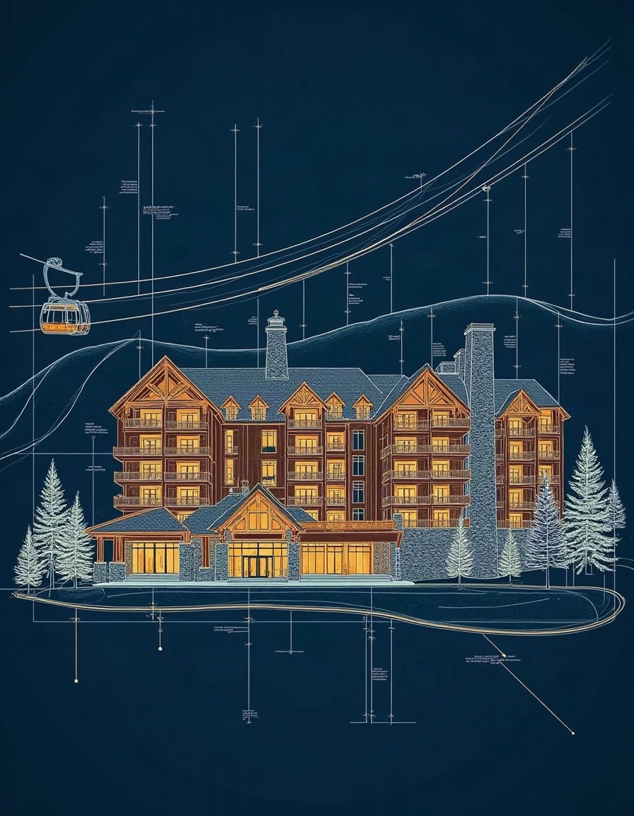 Blueprint-style schematic of a grand alpine resort lodge with a stone base and timber beams, a gondola line overhead, and pine trees, drawn in glowing gold linework on dark navy
