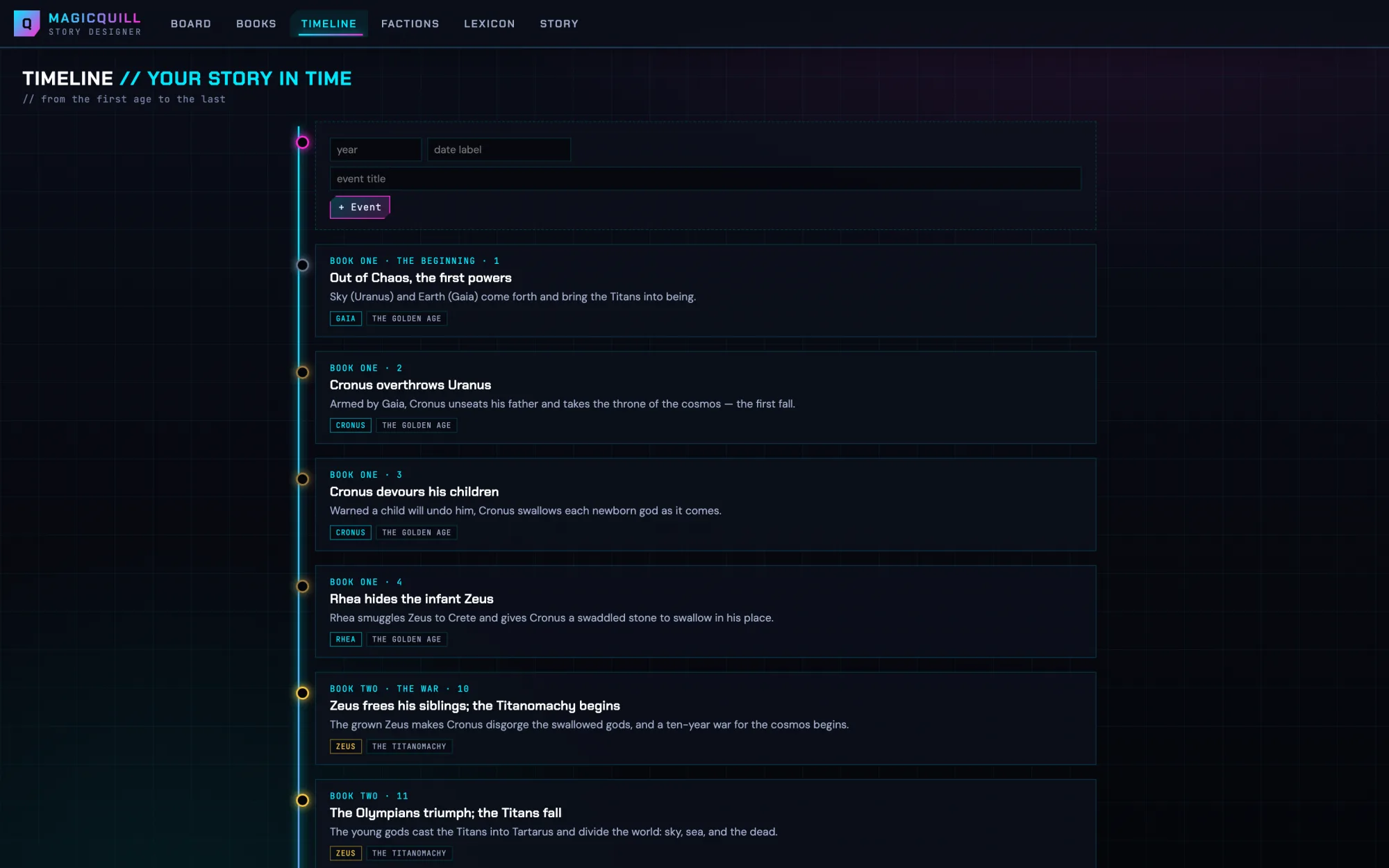 MagicQuill timeline — Greek myth events on a single spine from Chaos onward