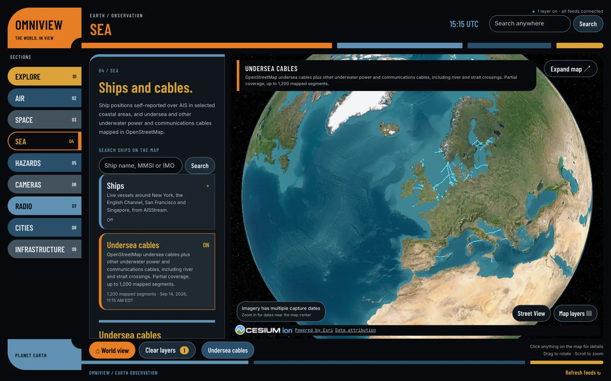 OmniView Sea section with undersea cables drawn around Europe
