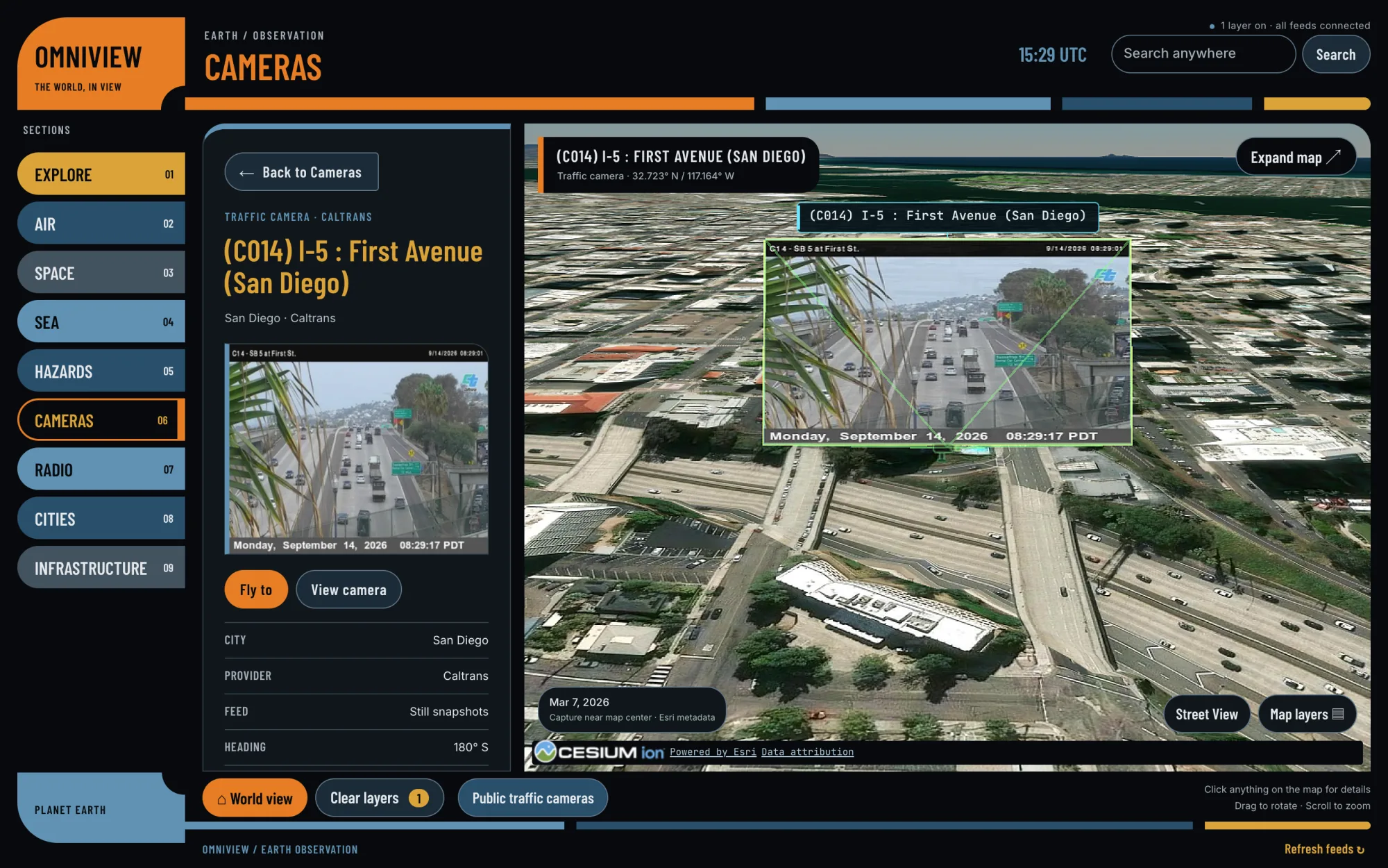 OmniView details card for a Caltrans traffic camera on I-5 at First Avenue in San Diego, with its latest frame placed in the 3D map