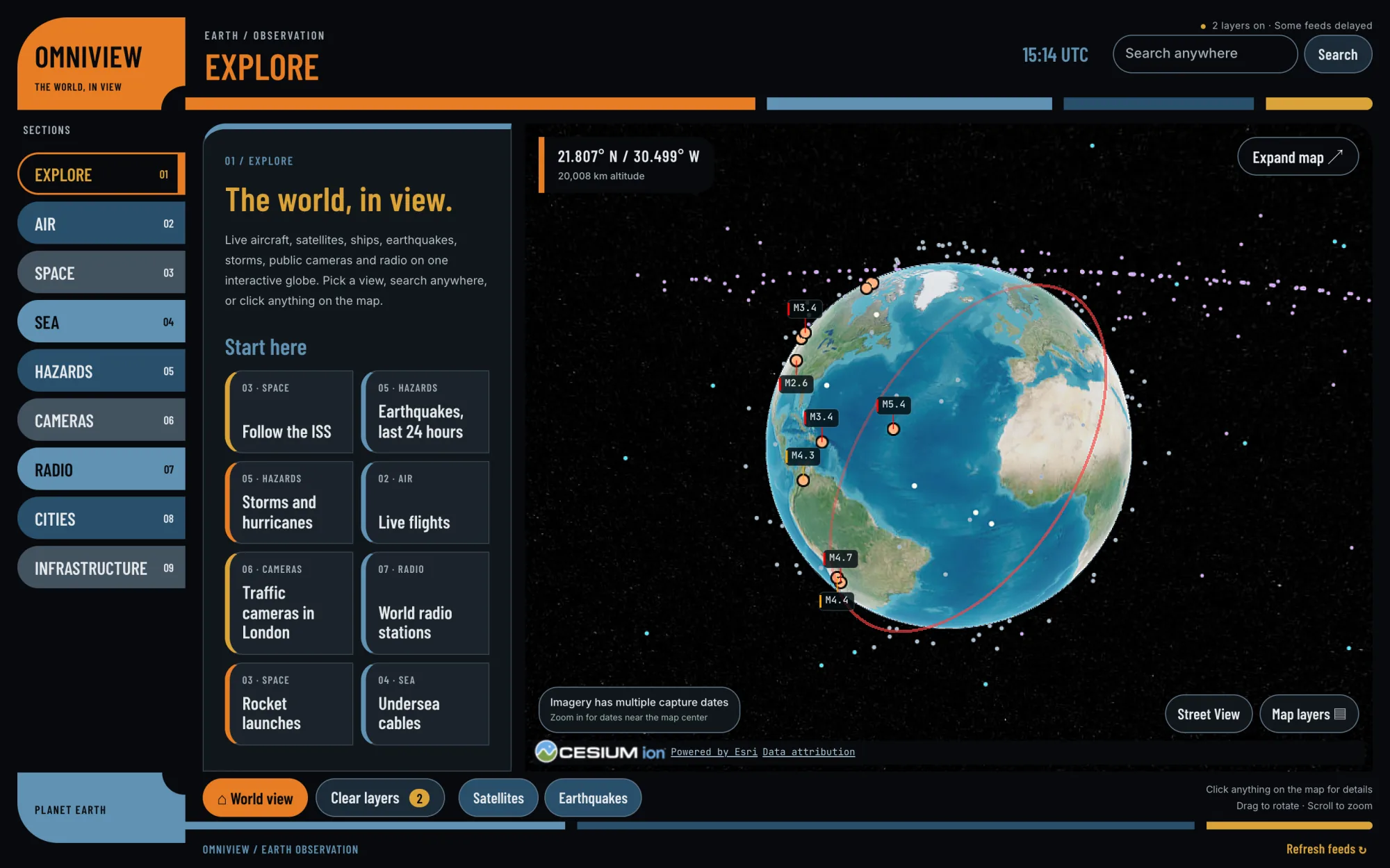 OmniView's Explore screen: the LCARS-style section rail and briefing beside a live 3D globe showing satellites and the day's earthquakes