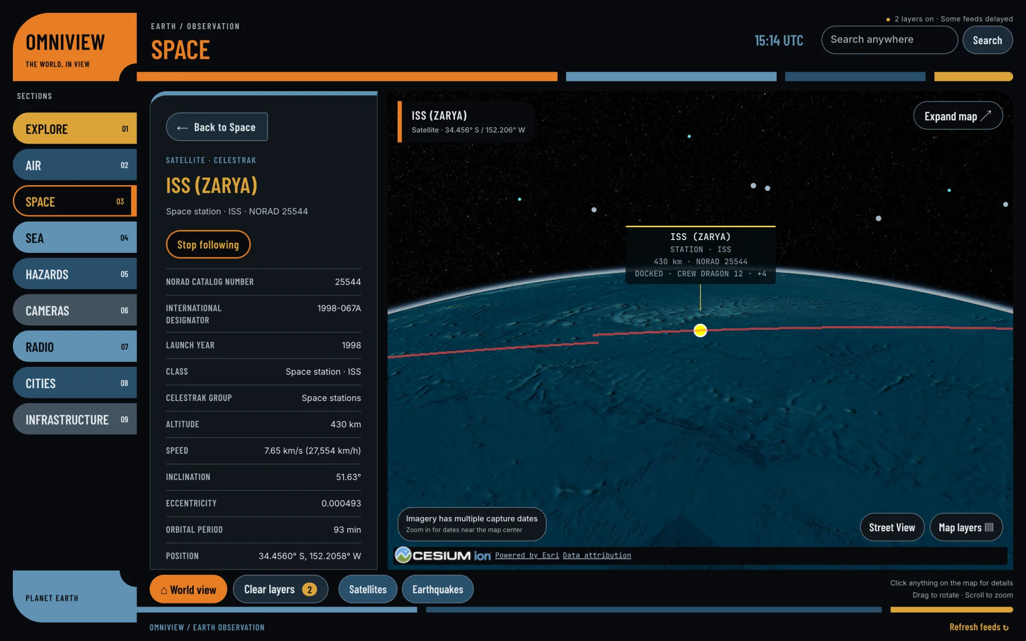 OmniView following the International Space Station, with its altitude, speed and orbit in the details card