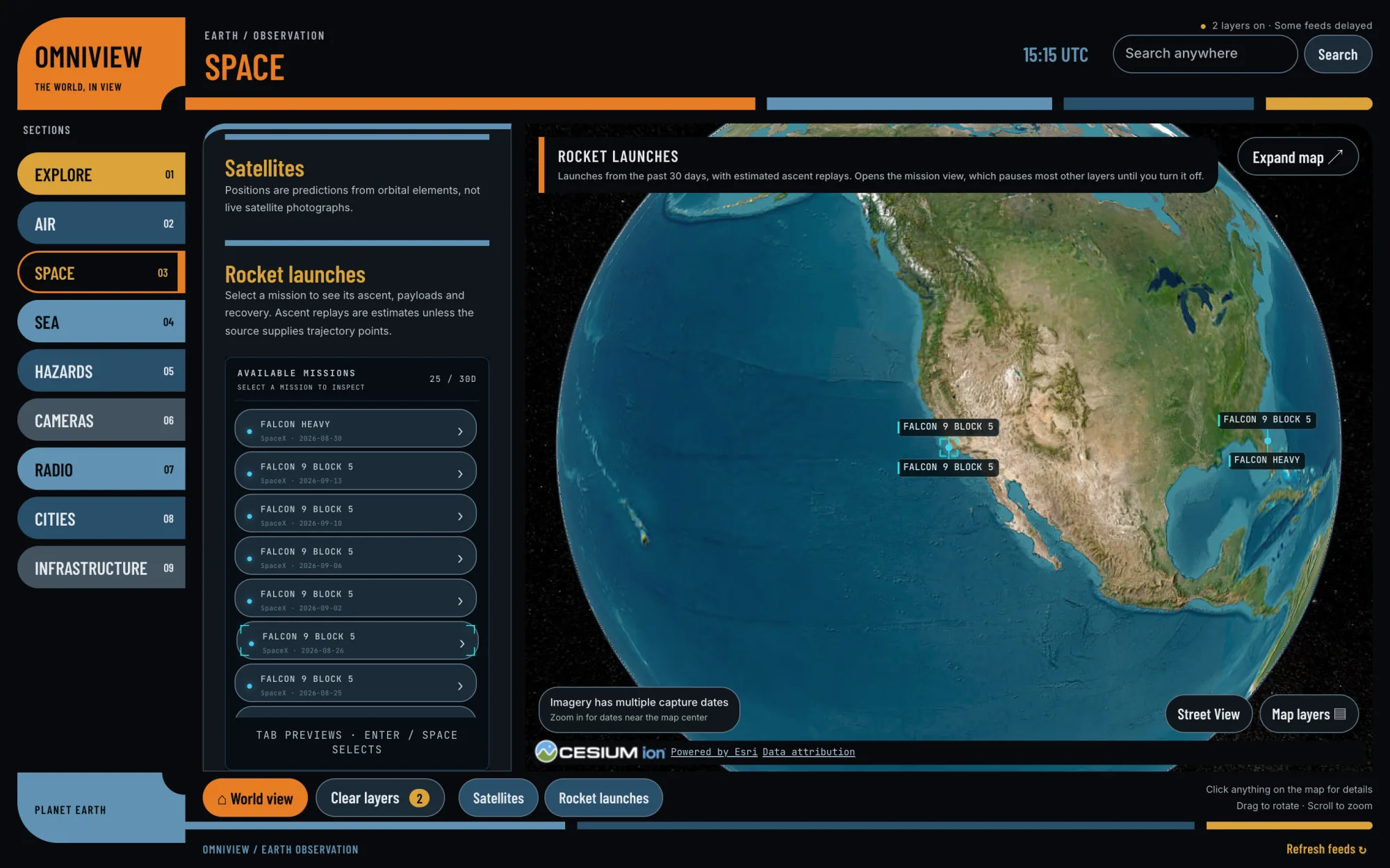 OmniView rocket launches layer with recent launch sites and the mission list