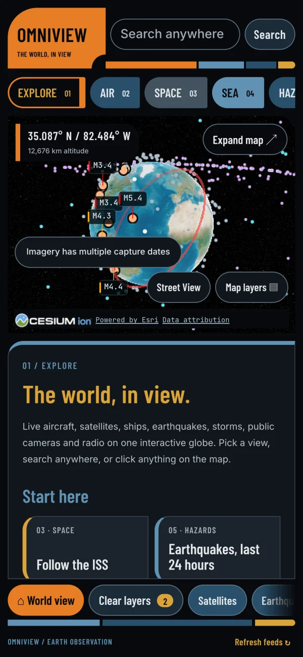 OmniView on a phone: the globe above the scrolling Explore briefing