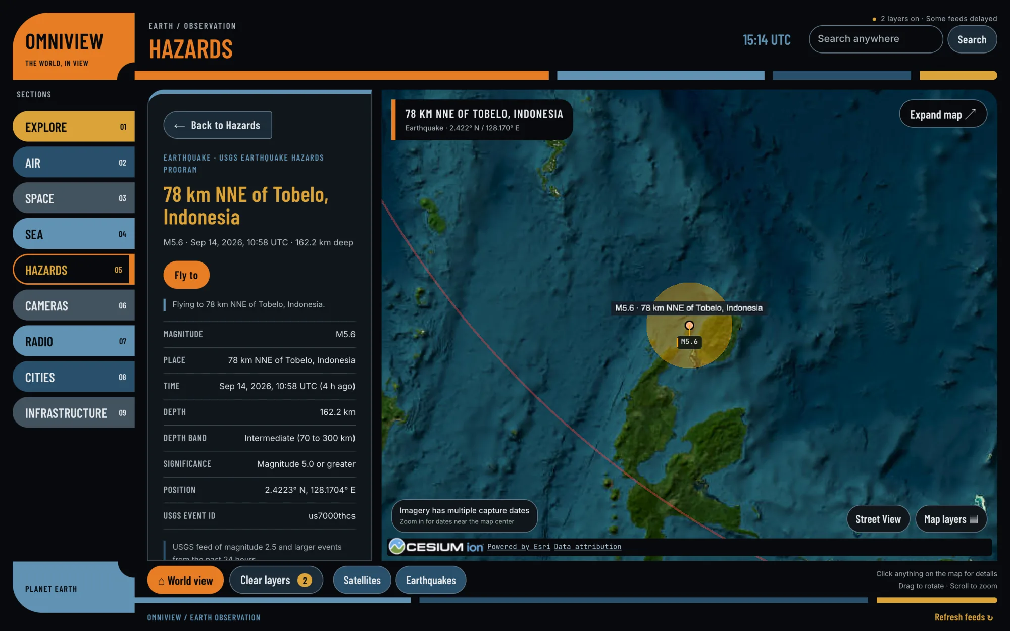 OmniView details card for an earthquake, with its magnitude, depth, time and USGS source beside the map