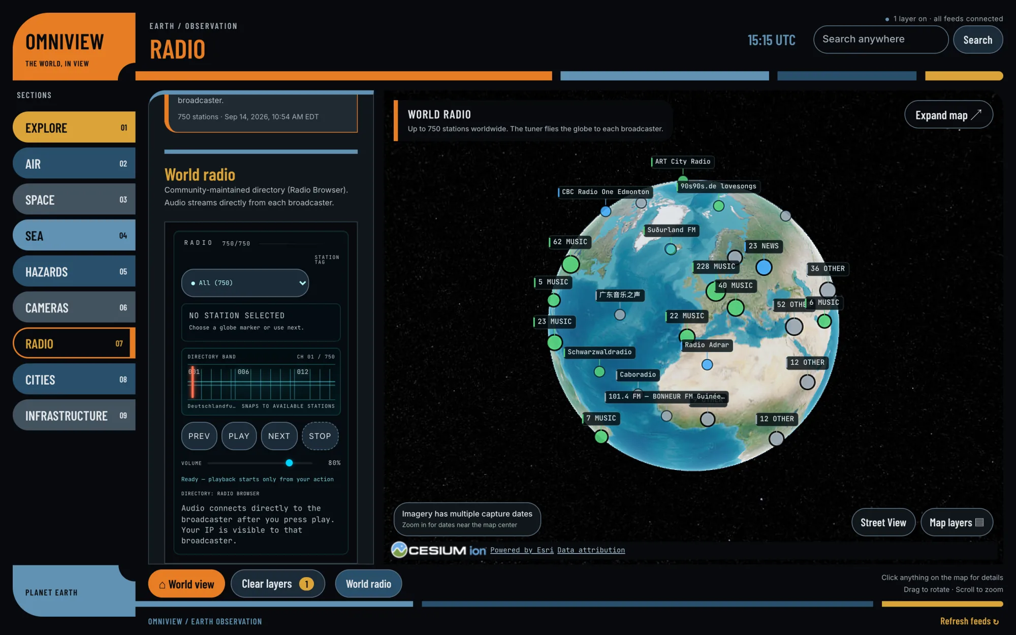 OmniView radio layer with stations across the globe and the tuner