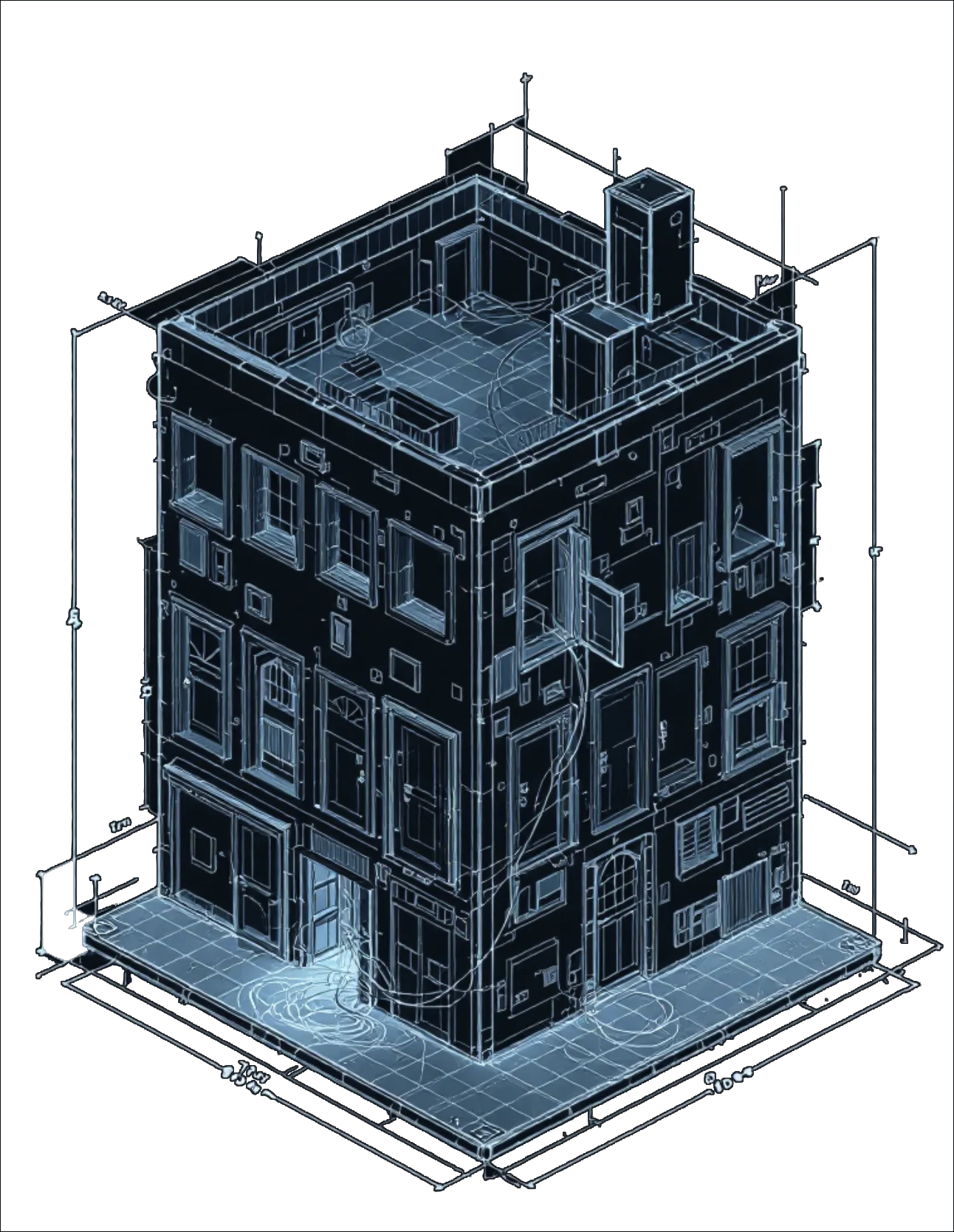 Blueprint-style isometric cutaway of a building whose every wall is covered edge to edge with mismatched doors, several standing open with cables spilling out